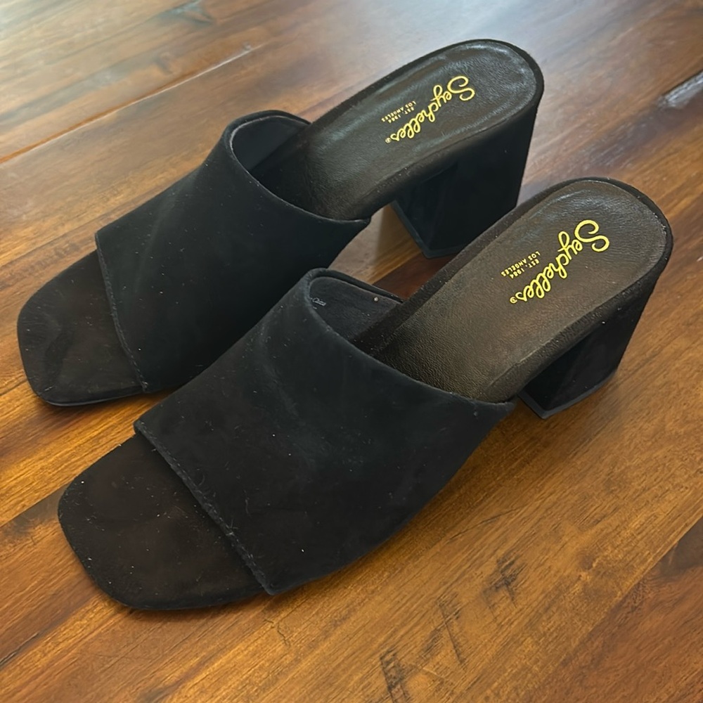 Black suede Seychelles mules size 8